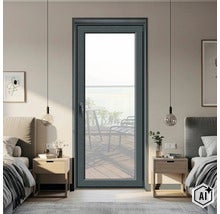 Ușă de balcon modernă cu umplutură de sticlă într-un dormitor amenajat elegant, cu două noptiere și corpuri de iluminat suspendate. (Image AI modified or generated)