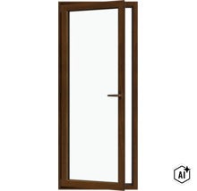 Ușă de balcon cu un singur canat, cu ramă cu aspect de lemn și mâner de ușă în poziție semi-deschisă. (Image AI modified or generated)