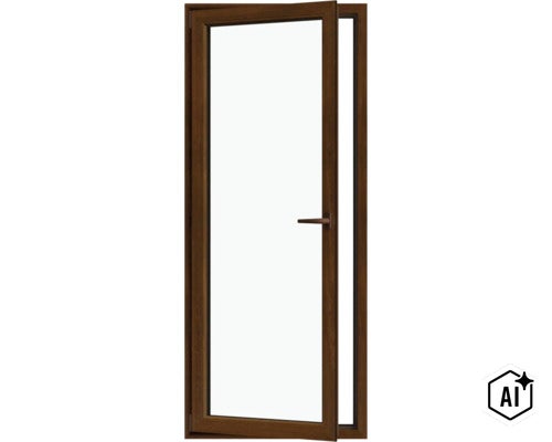 Ușă de balcon cu un singur canat, cu ramă cu aspect de lemn și mâner de ușă în poziție semi-deschisă. (Image AI modified or generated)