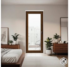 Ușă de balcon modernă într-un dormitor amenajat confortabil, cu cadru din lemn și vedere către un balcon. (Image AI modified or generated)
