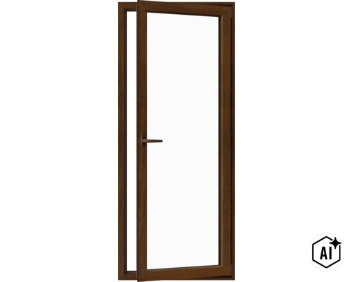 Ușă de balcon modernă din plastic cu aspect de lemn și feronerie oscilobatantă (Image AI modified or generated)