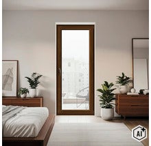 Ușă de balcon modernă într-un dormitor amenajat elegant cu mobilier din lemn și plante de interior. (Image AI modified or generated)