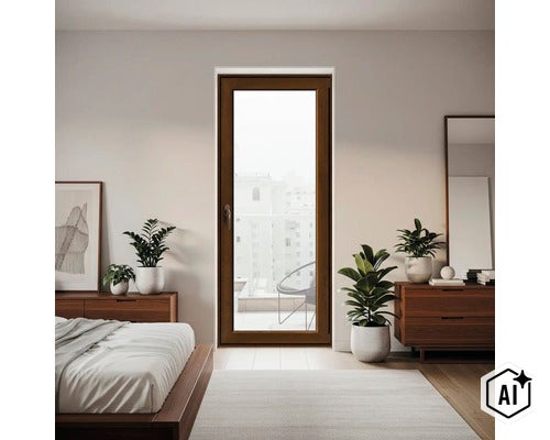 Ușă de balcon modernă într-un dormitor amenajat elegant cu mobilier din lemn și plante de interior. (Image AI modified or generated)