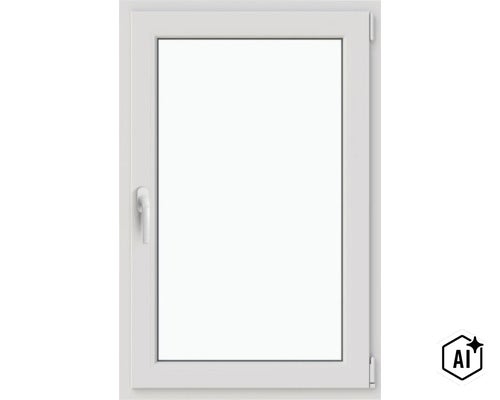 O fereastră simplă din material plastic alb cu mecanism de oscilobatare și mâner. (Image AI modified or generated)