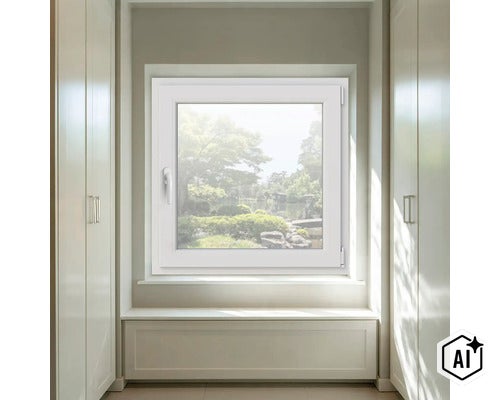 O fereastră din plastic alb într-o cameră modernă cu vedere către o grădină japoneză. (Image AI modified or generated)