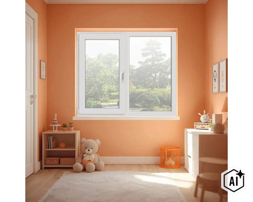 Fereastră albă din material plastic cu două canaturi într-o cameră de copii amenajată cu vedere spre exterior. (Image AI modified or generated)