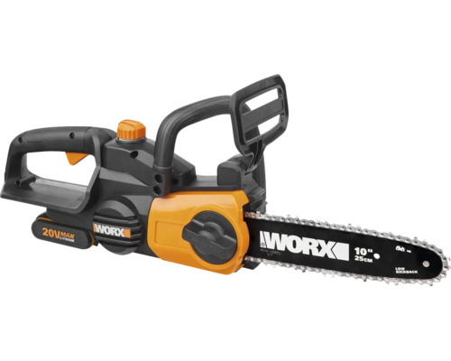 Motoferăstrău cu acumulator Worx 20 Volt cu o lungime a lamei de 25 centimetri.