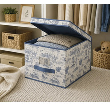 Cutie de depozitare pliabilă cu capac și model Toile de Jouy pentru depozitarea textilelor în dormitor.