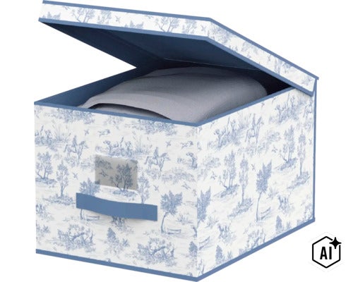 Cutie de depozitare cu capac și model Toile de Jouy din material textil pentru organizarea obiectelor de uz casnic (Image AI modified or generated)