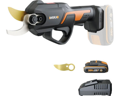 Foarfecă de crengi cu acumulator WORX 20 Volți cu acumulator, încărcător și lamă de rezervă.