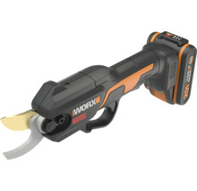 Foarfecă de grădină cu acumulator Worx cu motor fără perii și acumulator de 20 volți.