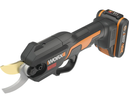 Foarfecă de grădină cu acumulator Worx cu motor fără perii și acumulator de 20 volți.