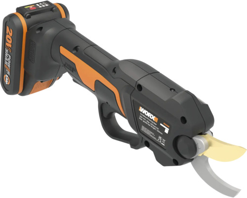 Foarfecă de grădină cu acumulator Worx cu o baterie de 20 Volt.