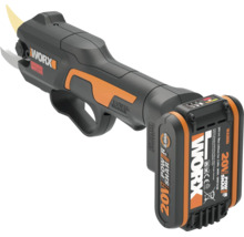 Foarfecă de grădină cu acumulator WORX cu motor fără perii și acumulator de 20 Volt din gama Power Share.