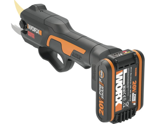 Foarfecă de grădină cu acumulator WORX cu motor fără perii și acumulator de 20 Volt din gama Power Share.