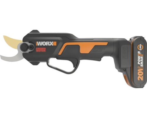Foarfecă de grădină cu acumulator Worx, motor fără perii și acumulator de 20 de volți pentru tăieri precise.