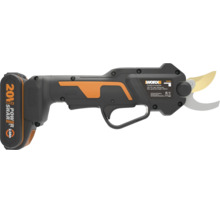 Foarfecă pentru crengi cu acumulator WORX, 20 Volți, cu mâner ergonomic și lamă curbată.