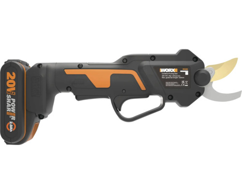 Foarfecă pentru crengi cu acumulator WORX, 20 Volți, cu mâner ergonomic și lamă curbată.