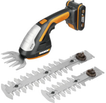 Set foarfecă pentru iarbă și arbuști cu acumulator Worx de 20 Volți și două lame suplimentare pentru arbuști.