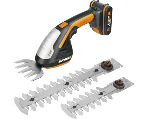 Set foarfecă pentru iarbă și arbuști cu acumulator Worx de 20 Volți și două lame suplimentare pentru arbuști.