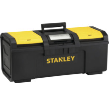 Cutie de scule Stanley din plastic cu două compartimente în capac, mâner și încuietoare metalică.