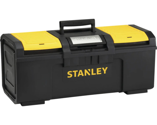 Cutie de scule Stanley din plastic cu două compartimente în capac, mâner și încuietoare metalică.