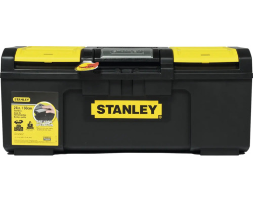 Cutie pentru scule Stanley, 60 centimetri, operare cu o singură mână, plastic, negru și galben, două organizatoare în capac, Stanley Logo.