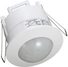 Un detector de mișcare încastrat cu lentilă rotundă și setări reglabile de timp și crepuscul pentru montarea pe tavan.