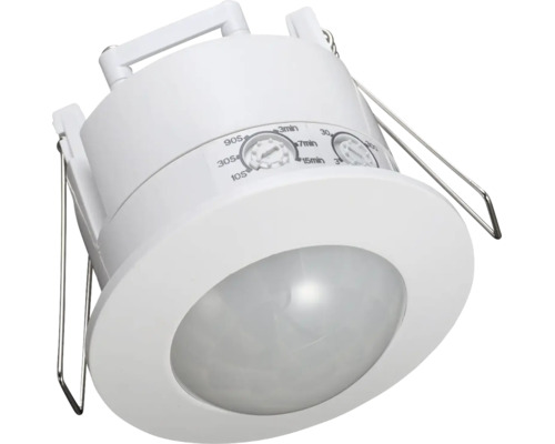 Un detector de mișcare încastrat cu lentilă rotundă și setări reglabile de timp și crepuscul pentru montarea pe tavan.