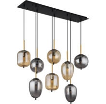 Pendul modern cu opt globuri din sticla in forme si nuante diferite pe o placa de tavan dreptunghiulara neagra.