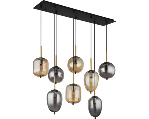 Pendul modern cu opt globuri din sticla in forme si nuante diferite pe o placa de tavan dreptunghiulara neagra.