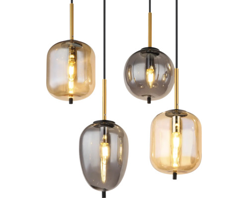 Pendul cu patru surse de lumina si abajururi din sticla cu forme si finisaje diferite, montate pe dulii metalice aurii