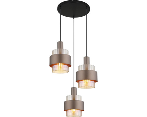 Pendul cu trei surse de lumină cu corp metalic și inserție de sticlă striată pentru iluminat interior modern