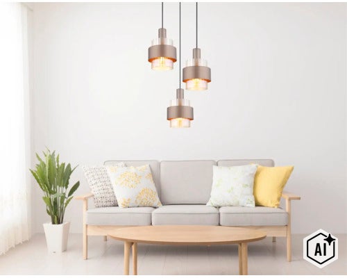 Lampă suspendată modernă cu trei surse de lumină deasupra unei canapele într-un living luminos cu măsuță de cafea și plantă. (Image AI modified or generated)