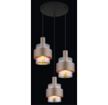 Pendul cu trei surse de lumină cu abajururi cilindrice din sticlă și metal