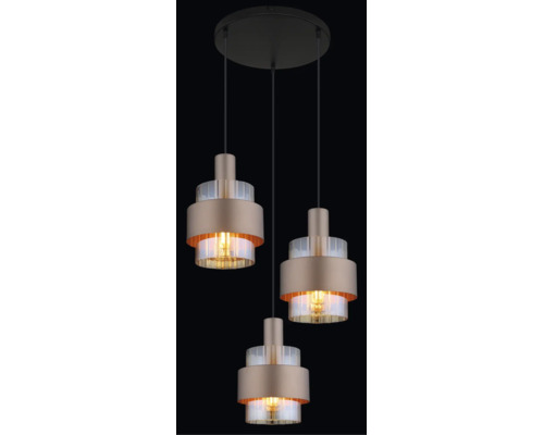 Pendul cu trei surse de lumină cu abajururi cilindrice din sticlă și metal