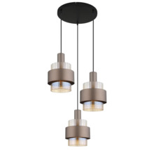 Pendul modern cu trei surse de lumină cu abajururi din metal și elemente din sticlă striată pe un suport rotund pentru iluminat interior.