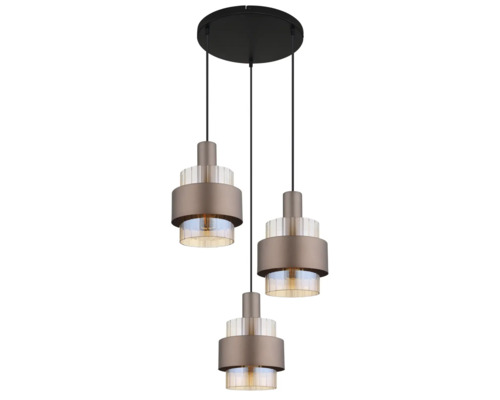Pendul modern cu trei surse de lumină cu abajururi din metal și elemente din sticlă striată pe un suport rotund pentru iluminat interior.