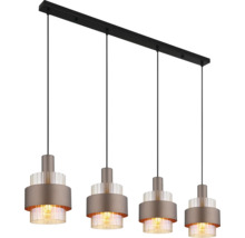 Pendul cu patru surse de lumină cu abajururi metalice și elemente din sticlă pentru iluminatul modern al sufrageriei