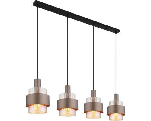 Pendul cu patru surse de lumină cu abajururi metalice și elemente din sticlă pentru iluminatul modern al sufrageriei