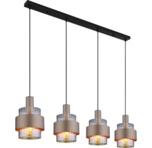 Pendul modern cu patru surse de lumină cu elemente din metal și sticlă pe o placă de tavan dreptunghiulară