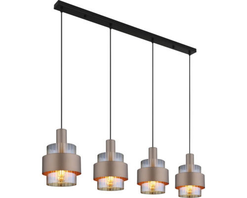 Pendul modern cu patru surse de lumină cu elemente din metal și sticlă pe o placă de tavan dreptunghiulară