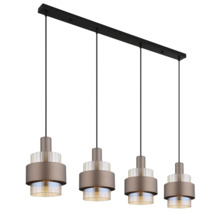 Pendul modern cu patru surse de lumină cu abajururi metalice și elemente de sticlă pe o placă de montare îngustă
