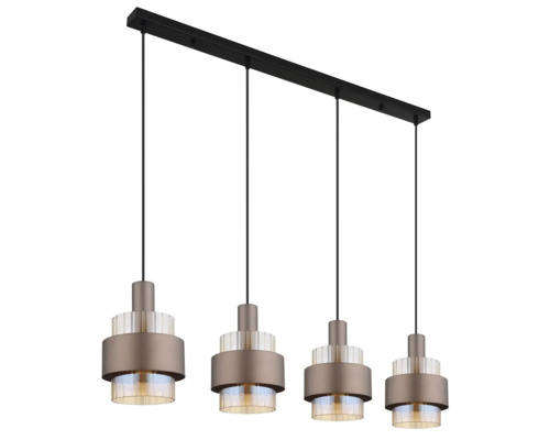 Pendul modern cu patru surse de lumină cu abajururi metalice și elemente de sticlă pe o placă de montare îngustă