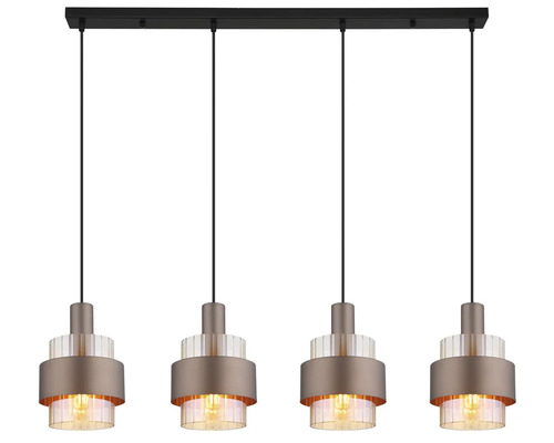 Pendul cu patru surse de lumină cu abajururi cilindrice din sticlă și metal pentru iluminat interior modern