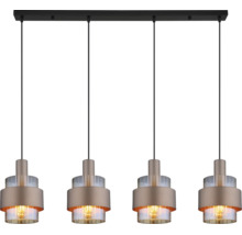 Pendul modern cu patru surse de lumină, cu elemente cilindrice din sticlă și margine metalică pe o bară dreptunghiulară de tavan.