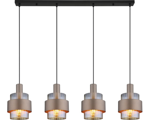 Pendul modern cu patru surse de lumină, cu elemente cilindrice din sticlă și margine metalică pe o bară dreptunghiulară de tavan.