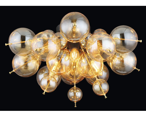 Plafoniera moderna cu numeroase sfere de sticla intr o dispunere organica pentru un iluminat interior elegant.