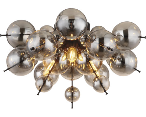 Lampă de tavan modernă cu numeroase sfere din sticlă dispuse circular pentru iluminare elegantă.