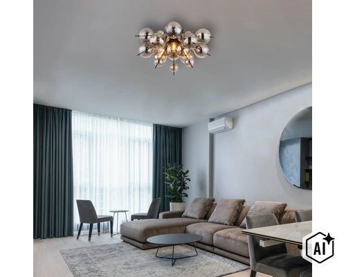 Lampă de plafon modernă cu globuri din sticlă într-un living cu canapea gri, covor și draperii mari pentru un design interior elegant. (Image AI modified or generated)